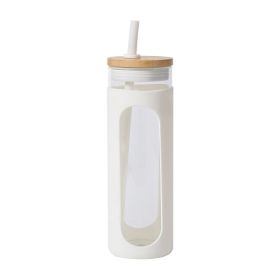 Glass Water Tumble Straw Silicone Bamboo Lids Iced Coffee Cup Bottle Reusable (Capacity: 590ML)